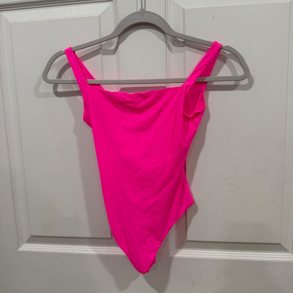 Skims Neon Pink Square Neck Low Back Sleeveless Thong Bodysuit Small
